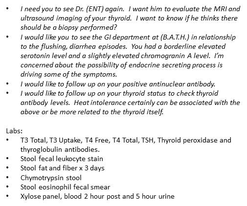 text from doctor's summary of visit, labs. If you want the specifics, please write in my comment section and I will email you with the text.